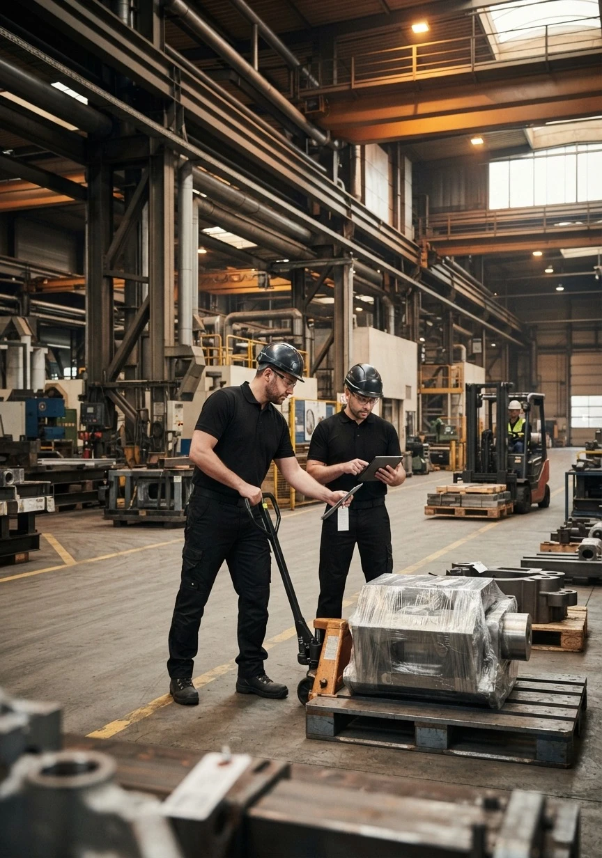 Profissionais ML Serviços movimentando equipamento industrial